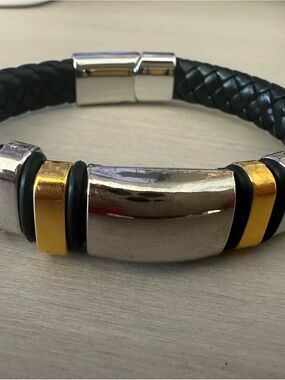Men's Black Braided Leather Bracelet with Silver & Gold Accents